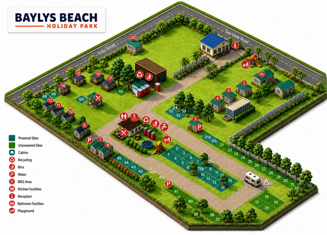 Baylys Beach Holiday Park map showing cabins, powered sites, unpowered sites and facilities